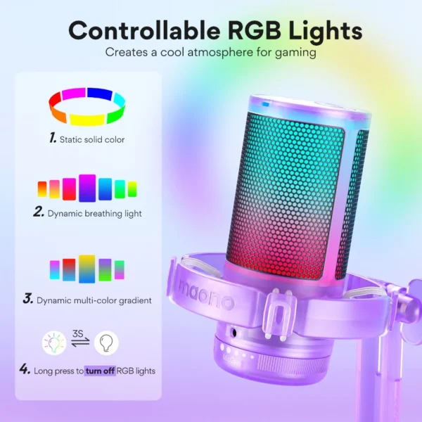 Maono DGM20 ไมโครโฟนเกมมิ่ง RGB คริสตัล สีม่วง พร้อมไมโครโฟนคอนเดนเซอร์ USB ลดเสียงรบกวน พร้อมปุ่มควบคุมกําไร สําหรับ PC