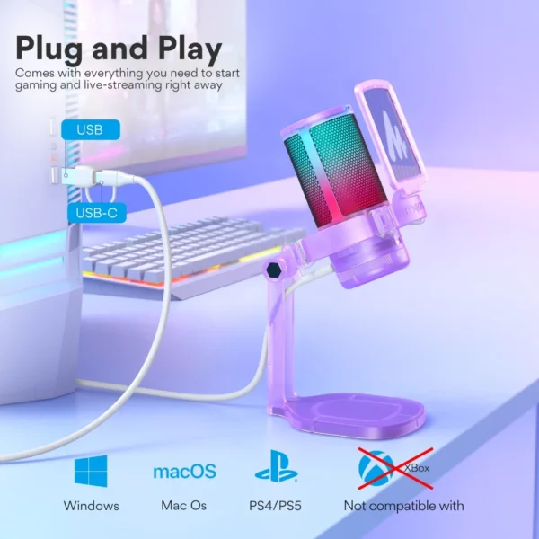 Maono DGM20 ไมโครโฟนเกมมิ่ง RGB คริสตัล สีม่วง พร้อมไมโครโฟนคอนเดนเซอร์ USB ลดเสียงรบกวน พร้อมปุ่มควบคุมกําไร สําหรับ PC