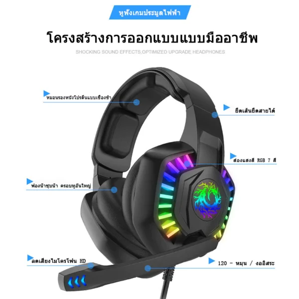 หูฟังเล่นเกมคอมพิวเตอร์แบบครอบหูตัดเสียงรบกวน RGB ชุดหูฟังพร้อมไมโครโฟน Gaming Headset เหมาะสำหรับคอมพิวเตอร์