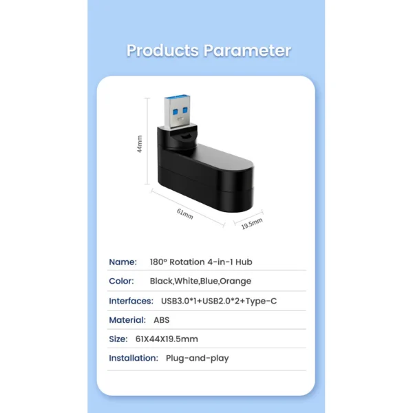 180° หมุนได้ 4 พอร์ต USB 3.0 2.0 Hub Type C การถ่ายโอนข้อมูลความเร็วสูง U Disk Splitter Adapter สําหรับแล็ปท็อป MacBook